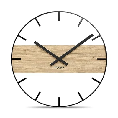 Image of Cander Berlin MARLIT Vintage Wall Clock Silent 33 cm Metal Wood Oak Veneer without Ticking Noises Modern Black Living Room