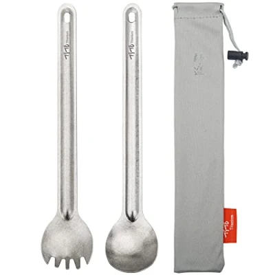 Image of TiTo titanium Long Handle Spork and Spoon Eco Friendly Ultralight Portabale Flatware for Outdoor Camping Backpacking Hiking Travel Picnic Tableware with Bag(2pcs Titanium)