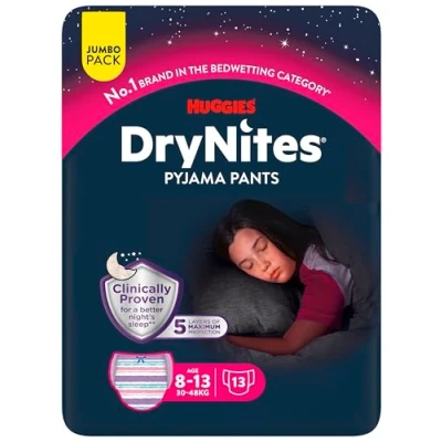 Image of Huggies DryNites, Night Time Pants for Girls Sizes 8 13 Years (52 Pants) Teen Pyjama to Manage Bed Wetting Discrete Designs
