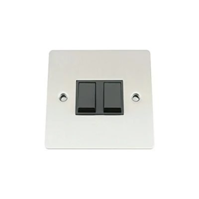Image of Light Switch 2 Gang Satin Matt Chrome Flat Black Insert Plastic 10 Amp Double Way