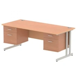 Image of Impulse 1800x800 Desk Beech Silver Cantilever Leg + 2x Fixed Pedestal