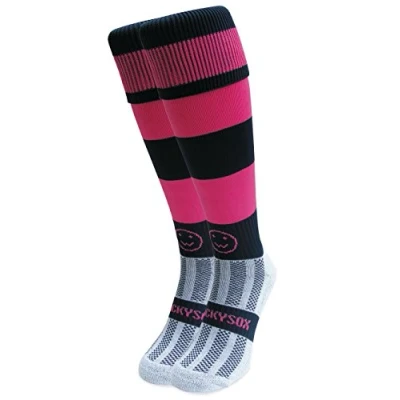 Image of WackySox Navy Blue and Pink Hoop Rugby Socks, Sports Socks for Men Women, Mens Work Perfect Riding, Football, Running, Hockey other Activities