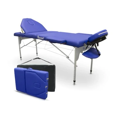 Image of QUIRUMED Aluminium Folding Massage Table Pro, 186 x 66 cm, with Backrest, Blue, Leatherette, Face Hole, Removable Headrest, Height adjustable, 2 Section, up to 150 kg