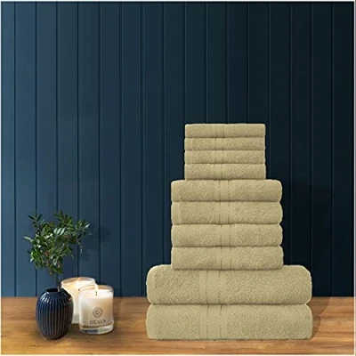 Image of GC GAVENO CAVAILIA 10 Pcs Bathroom Towel Bale Set 100% Egyptian Cotton, Super Absorbent Striped Quick Dry Towels Set, Mocha