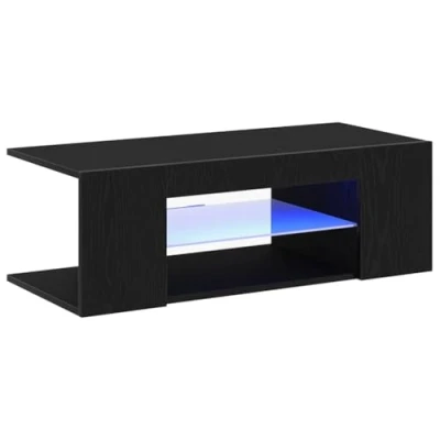 Image of vidaXL TV Cabinet Black Oak, Engineered Wood, LED Lighting, Glass Shelf, 90x39x30 cm Entertainment Unit