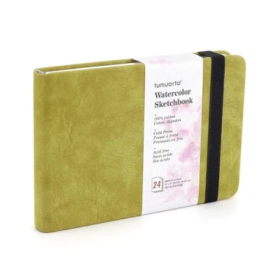 Image of tumuarta Watercolor Sketchbook, 10x15 CM, 300 GSM, 100% Cotton Paper, Cold Press, 24 Sheets, 48 Pages, Journal for Use As Travel Sketch Book and Mixed Media Pad On The Go. (Green)