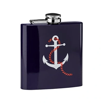 Image of Premier Housewares Anchor Design Hip Flask, Stainless Steel, 6 oz Blue