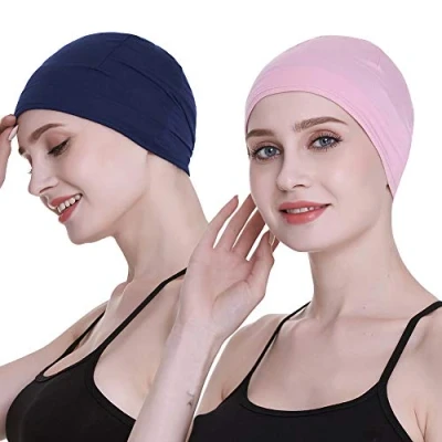 Image of FocusCare Bamboo Cap for Sleeping Chemo Women Hair Loss Navy Pink
