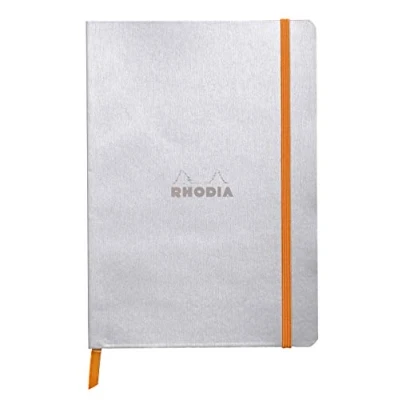 Image of RHODIA 117451C Silver Soft Notebook A5 Dotted Dot 160 pages Ivory Clairefontaine Paper 90 g/m Bookmark, Elastic Closure Faux Leather Cover Rhodiarama Collection