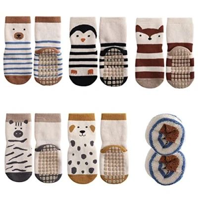 Image of FedMois 5 Pairs Baby Kids Cozy Warm Winter Socks Anti slip Infant Toddler Thermal Crew Socks, penguin, 3 Years