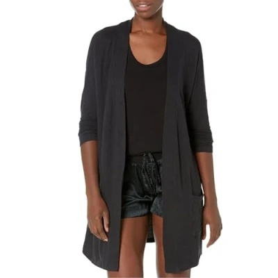 Image of Amazon Essentials Women&#039;s Relaxed Fit Lightweight Lounge Terry Open Front Cardigan, Black, XS