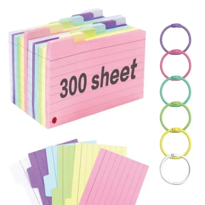 Image of 300PCS Flash Cards,Revision Cards Flashcards Index with Binder Ring，Revision 3.3 * 4.9Inch,Flash Revision for Studying 、School Office、Home（6 Colour）