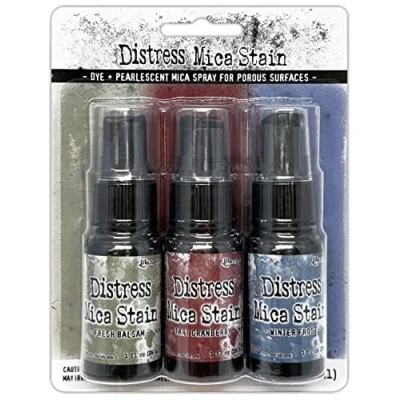 Image of Ranger Tim Holtz Distress Mica Stains Holiday Set 3, Fresh Balsam, Tart Cranberry, and Winter Frost, 3 x 29.57 ml