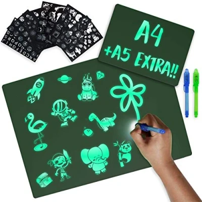 Image of Light Drawing Board Kids A4 and A5, 6 Stencils 2 Spy Pens BONNYCO Boys, Girls Toys for 3 4 5 7 8 9 Years Old Glow Pad &amp; Gifts Birthday Christmas