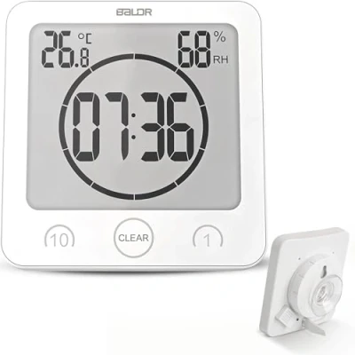 Image of BALDR Digital Shower Clock with Timer Waterproof for Kids and Adults Bathroom That Displays Time Temperature Battery Operated White