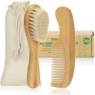 Image of com four® Baby brush and comb from 0 months for newborns toddlers hair made of bamboo with soft sheep&#039;s wool (Comb + hairbrush sheep)