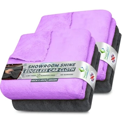 Image of Towelogy® 520gsm Professional Microfibre Edgeless Car Cloths QUICK DRY for Auto/Moto Detailing Polishing Washing STREAK FREE &amp; LINT 40x40cm (Grey/Lilac Purple, Pack Of 4)