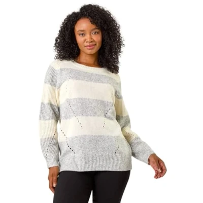 Image of Roman Petite Marl Stripe Knitted Jumper for Women UK Ladies Everyday Autumn Winter Round Neckline Comfy Soft Evening Vacation Work Party Night Out Grey Size 14