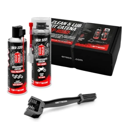 Image of ERRECOM 1000 Miglia Clean&amp;Lube OFF Road Motorcycle Chain Kit; includes High Pressure Degreaser Spray 500ml+Off Lubricant 500ml+Huggie System and 90Connector+Brush+Gloves
