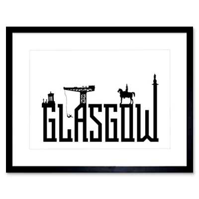 Image of Wee Blue Coo Glasgow City Scotland Landmarks Typography Silhouettes Framed Art Print