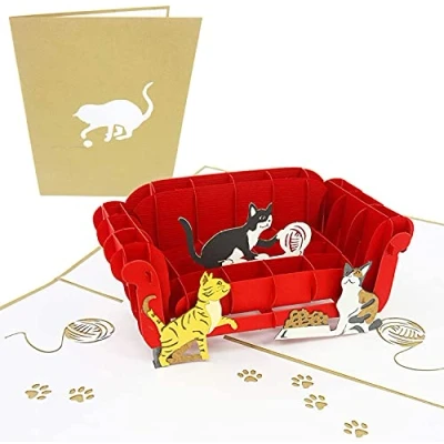 Image of PopLife Cats Playing on Couch Pop Up Greeting Card 3D Cat Lover Card, Teacher Funny Kitty Birthday Get Well
