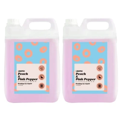 Image of Liquipak Vegan Washing Up Liquid, Refill Peach &amp; Pink Pepper 100% Cruelty Free, Removes Tough Stains (2x5 Litres)