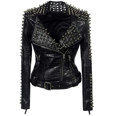 Image of E Girl Women Black Zip Up Faux Leather Biker Jacket Studded Jacket,P608,S