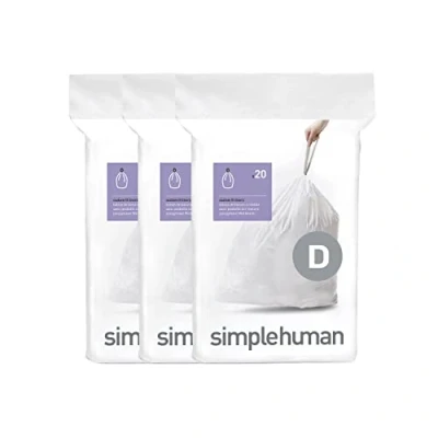 Image of simplehuman CW0254 code D Custom Fit Bin Liner Bulk Pack, White Plastic (3 Pack of 20, Total 60 Liners)