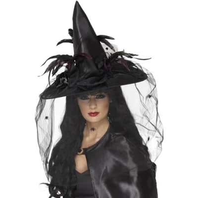 Image of Smiffys Witch Hat, Feathers &amp; Netting, Black Deluxe, Halloween Fancy Dress Accessory, Up Hats