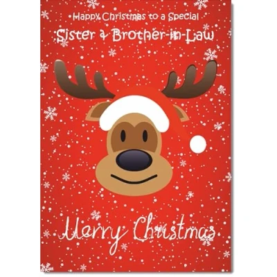 Image of doodlecards Sister and Brother in Law Christmas Card Rudolph on Red Background Medium Size for &amp; with Plain Envelope