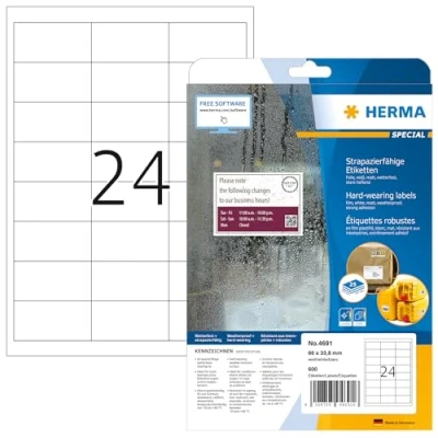 Image of HERMA Self Adhesive Film Labels, 24 Labels per A4 Sheet, 25 Sheets, 66 x 33.8 mm, 600 Blank Weatherproof Stickers, Sticky for Laser &amp; Inkjet Printer, White