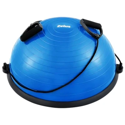 Image of ZELUS 58cm Half Exercise Ball Stability Balance Board with Resistance Bands for Yoga Workouts, Dome Pilates Trainer Foot Air Pump, Blue