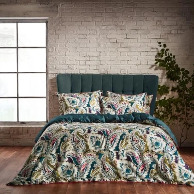 Image of Edinburgh Weavers EW Aretha Duvet Cover Set, Teal/Olive