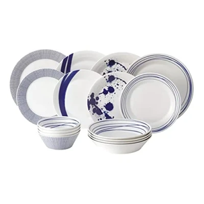 Image of Royal Doulton Pacific Blue Collection Porcelain Tableware Set of 16 Dinner Plates, Salad Pasta Bowls, Cereal Bowls