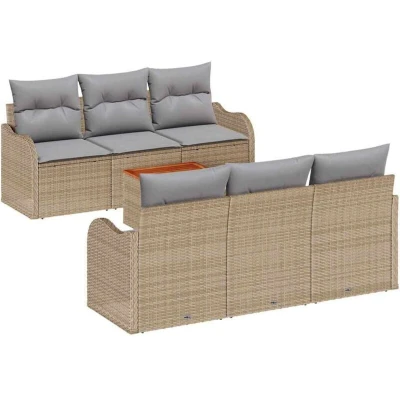 Image of vidaXL 7 Piece Garden Sofa Set with Cushions Beige Poly Rattan Acacia