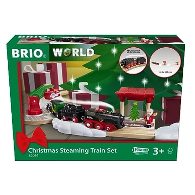 Image of BRIO World 36014 Battery Steam Train Christmas Set from the Chimney of Engine Flows Cold Water Large Rail Layout for a Round Tour Around Tree, Recommended 3 Years