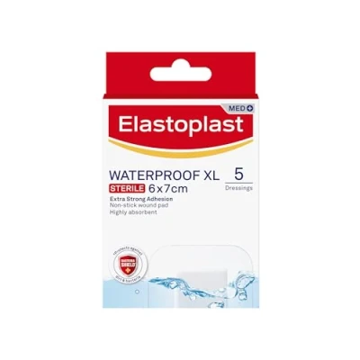 Image of Elastoplast Waterproof XL Med+ Dressings (5 Pieces), Pack of First Aid Plasters, Large Plasters for Post Operative Wounds, Sterile Dressing 0% Latex, Flexible Material, Clear