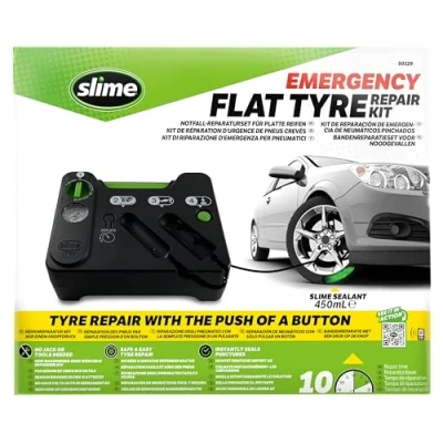 Image of Slime 50129 Flat Tyre Puncture Emergency Kit, Includes Sealant and Inflator Pump, Suitable for Cars Other Highway Vehicles, 10 Min Fix, black