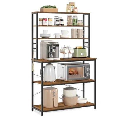 Image of VASAGLE Kitchen Storage Rack, Coffee Bar, Baker’s Total 6 Shelves and Hooks, for Microwave, Steel Frame, Industrial, 40 x 100 167 cm, Rustic Brown Black KKS039K01