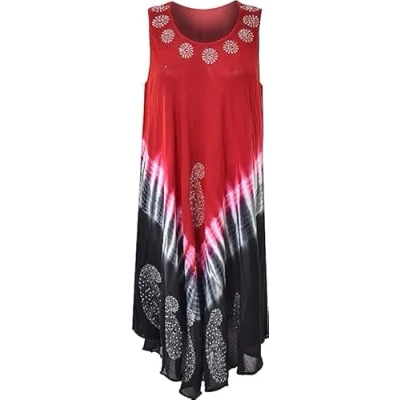 Image of Magritta Women Ladies Plus Size Sleeveless Dress Dual Tone Tie Dye Printed Beach Summer Sundress for UK 12 to 24 Floral Design (One (UK 24), Blue Red)