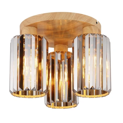 Image of Run Shade Cluster Ceiling Light Wood Look K5 Crystals Smoke Colored 3x E27