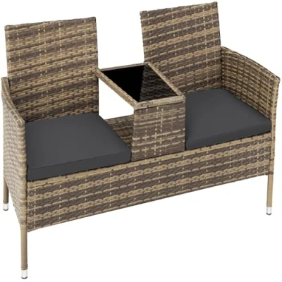 Image of TecTake 800168 Garden bench with table Poly rattan outdoor love seat Relaxed summer patio bistro dining for 2 (Nature)