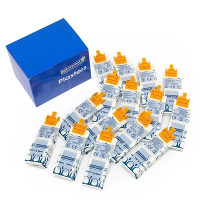 Image of Astroplast Pull N Open Blue Detectable Pilferproof Plasters with Yellow Clips 7.2cm X 2.5cm (Box 15 Clip 10)