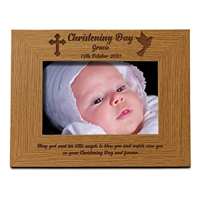 Image of ukgiftstoreonline Personalised Christening Day Wooden Photo Frame Gift (4 x 6 Inch)