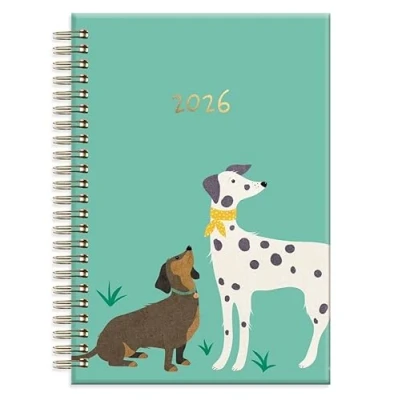 Image of 2026 A5 Week to View Diary Puppy Dog Design UK Full Year WTV Planner Organiser Hardback Spiral Bound Journal (Green Cover)