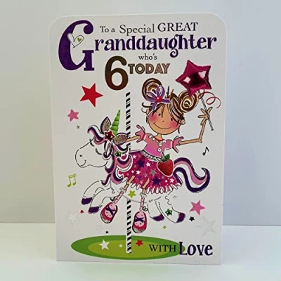 Image of Jonny Javelin Special Great Granddaughter Age 6 Who&#039;s Today Birthday Card Unicorn Fairground