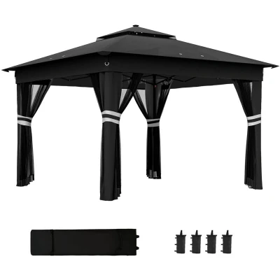 Image of Outsunny 3x3 (m) Pop Up Gazebo with Solar Powered LED Lights Netting Black 84C 483V01BK