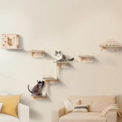 Image of VEVOR Wall Mounted Cat Shelves, Shelves and Perches with Jumping Boards, Nest, Barrier Board &amp; Tree, Floating Furniture up to 40 lbs for Sleeping, Playing, Climbing, Set of 5
