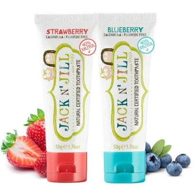 Image of Jack N&#039; Jill Kids Natural Toothpaste, Fluoride Free Helps Soothe Gums and Fight Tooth Decay, Toothpaste for Baby, Toddler Children 6 Months Plus Blueberry Strawberry Bundle 2 x 50g