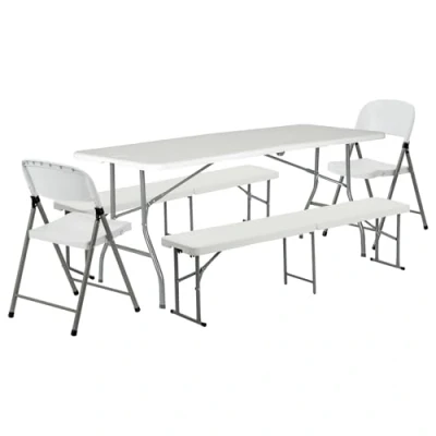Image of Folding Camping Picnic Table, Bench &amp; Chair Set 180cm (6ft) White By Harbour Housewares